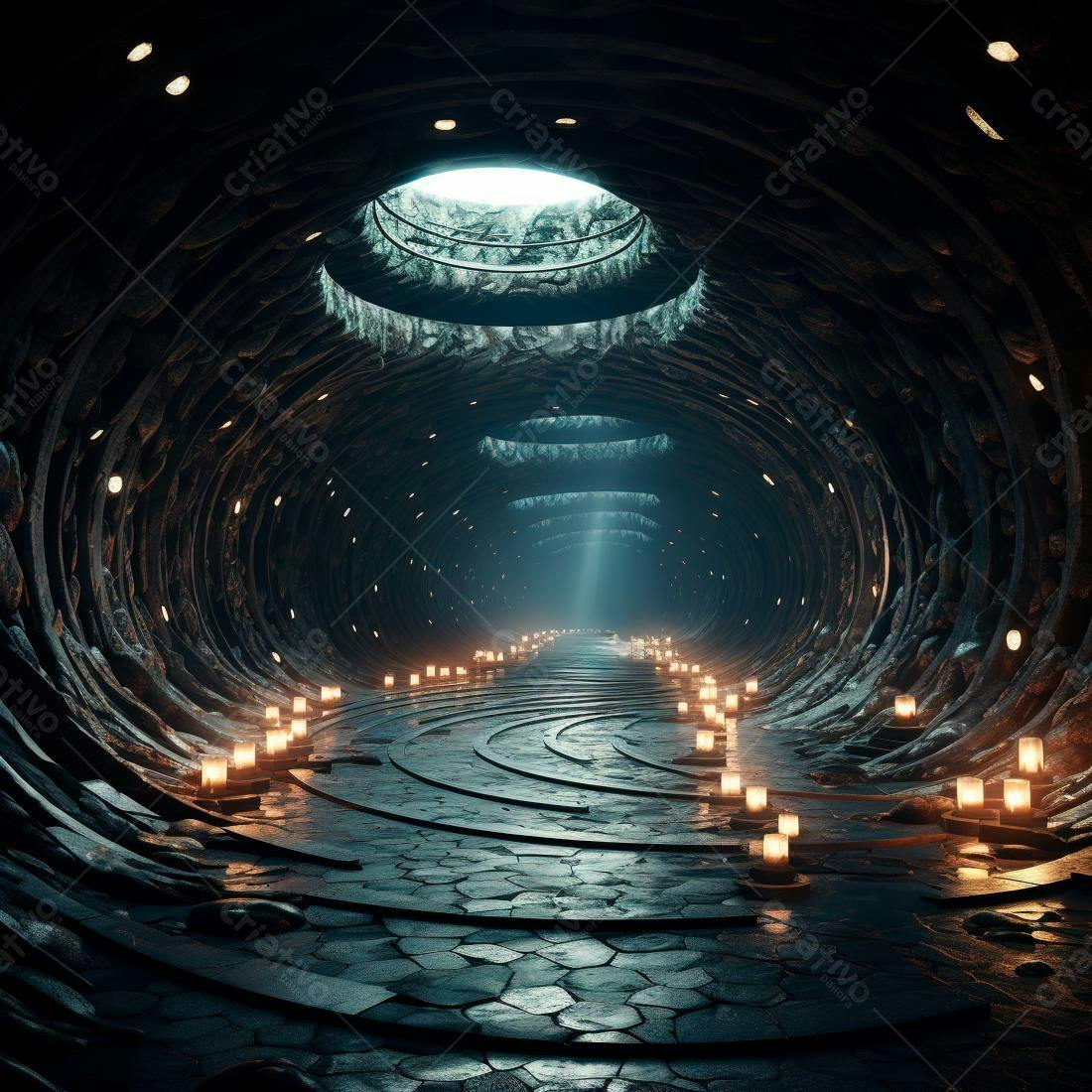 Túnel misterioso com velas e luz celestial
