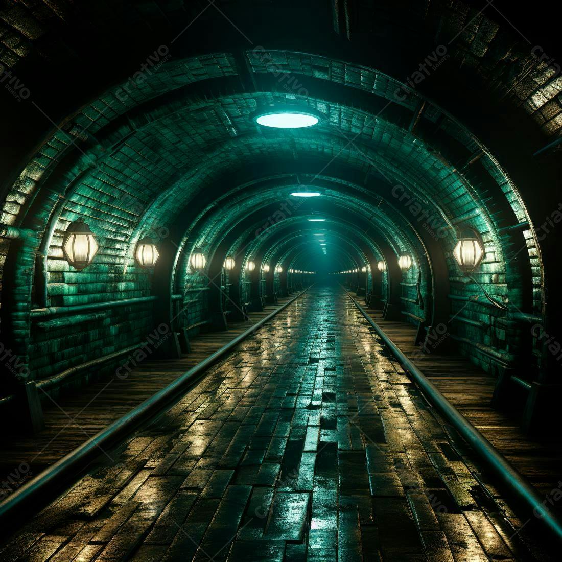 Túnel subterrâneo verde escuro com trilhos