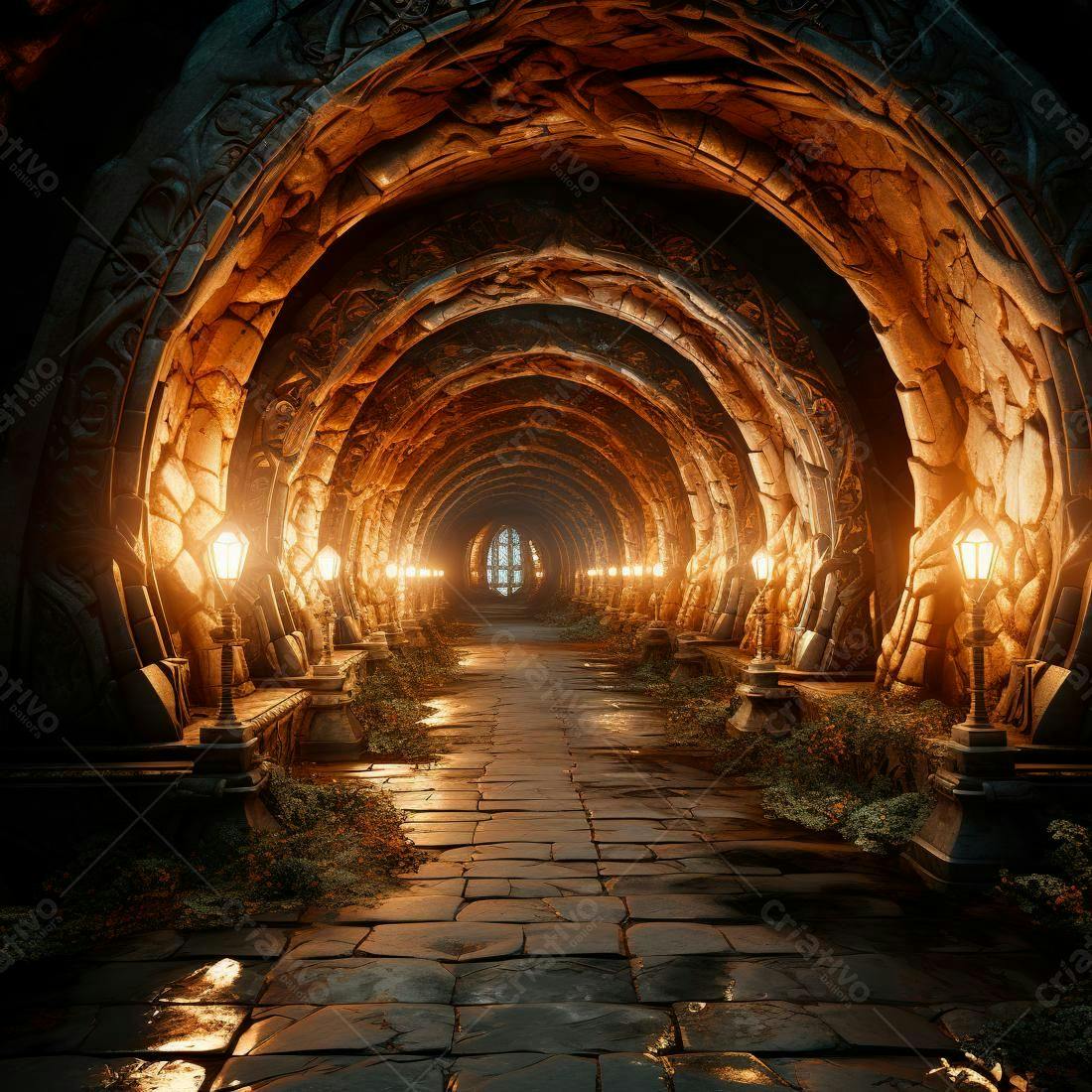 Passagem subterrânea medieval iluminada