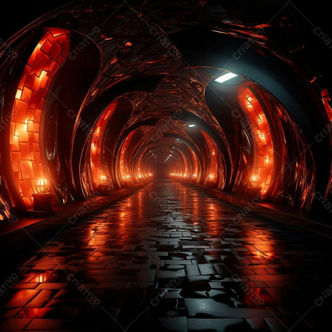 Túnel futurista com iluminação laranja