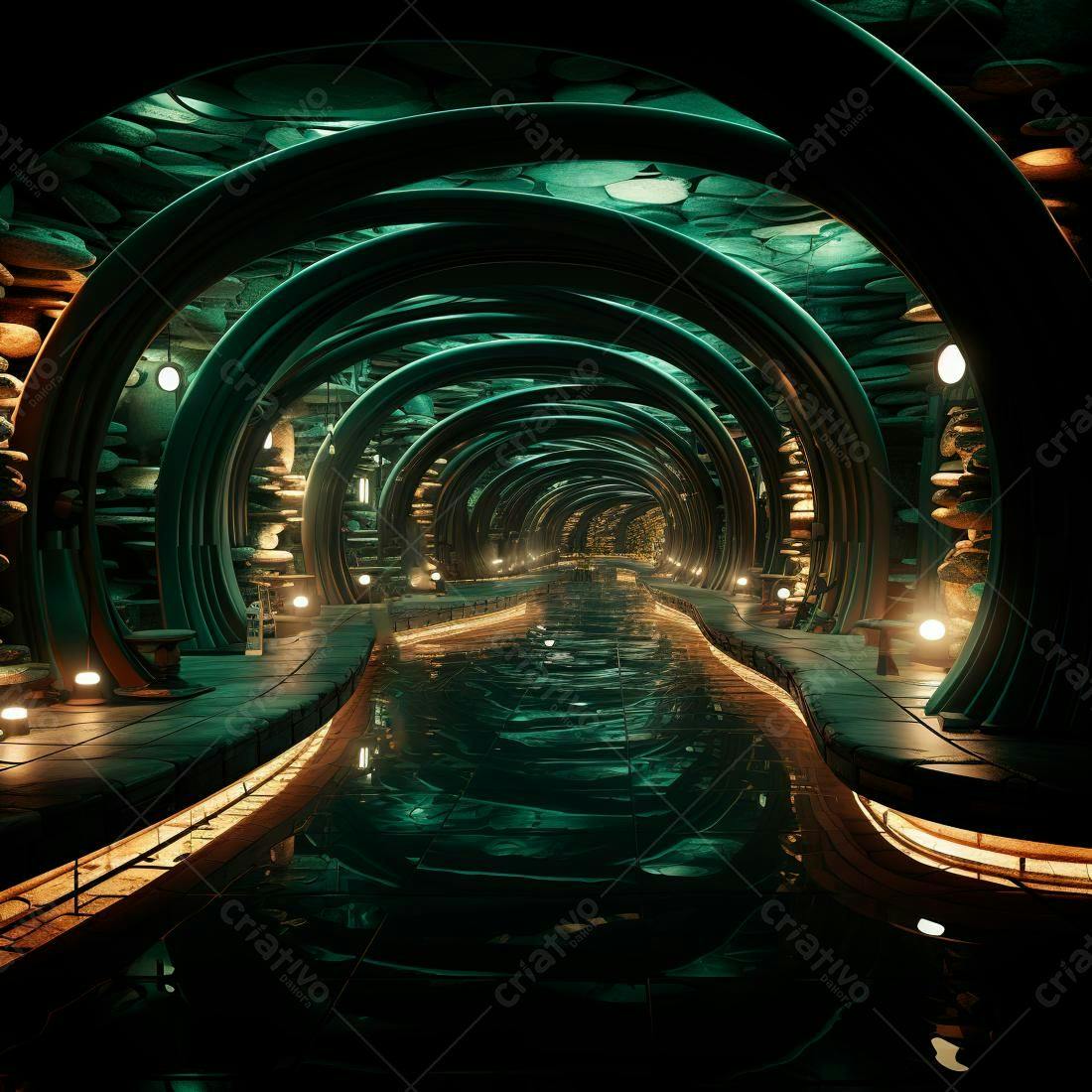 Túnel futurista com água e iluminação verde