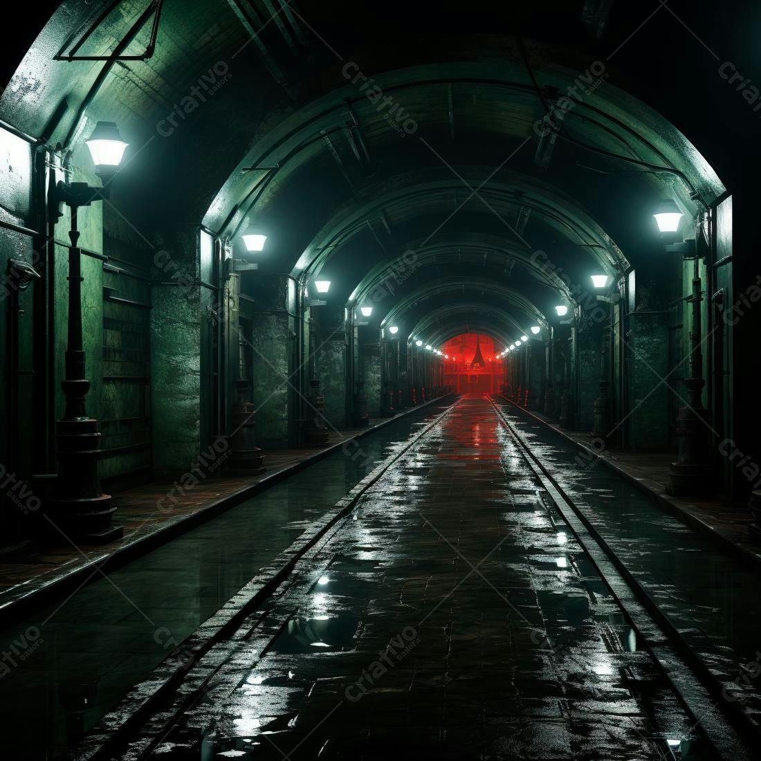 Túnel escuro e úmido com iluminação vermelha ao fundo