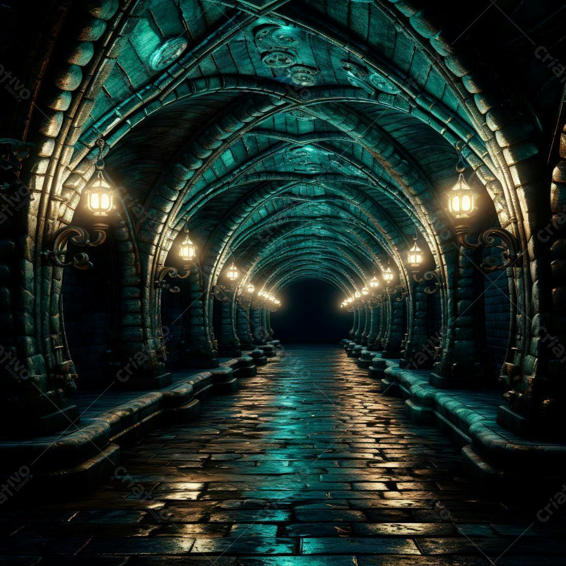 Túnel gótico iluminado com lanternas
