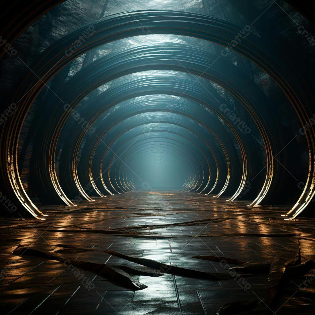 Corredor futurista com arcos dourados e azuis