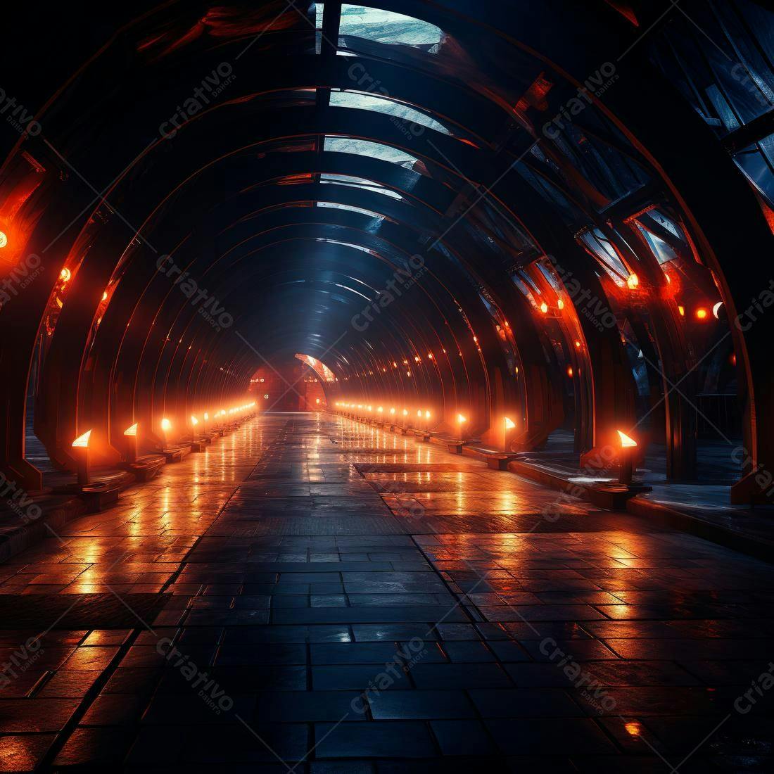 Túnel futurista com iluminação laranja e azul