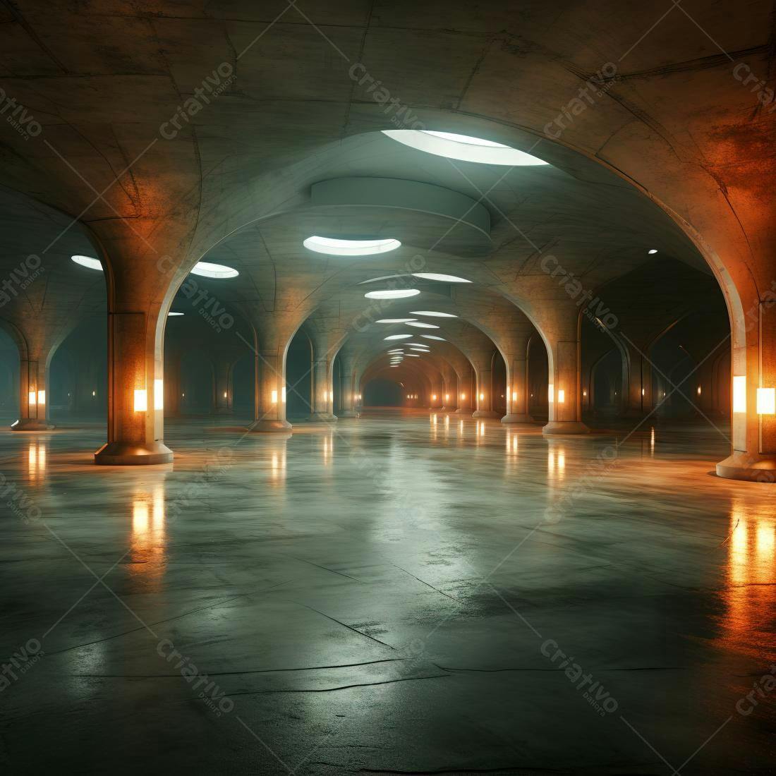Galeria subterrânea com iluminação laranja