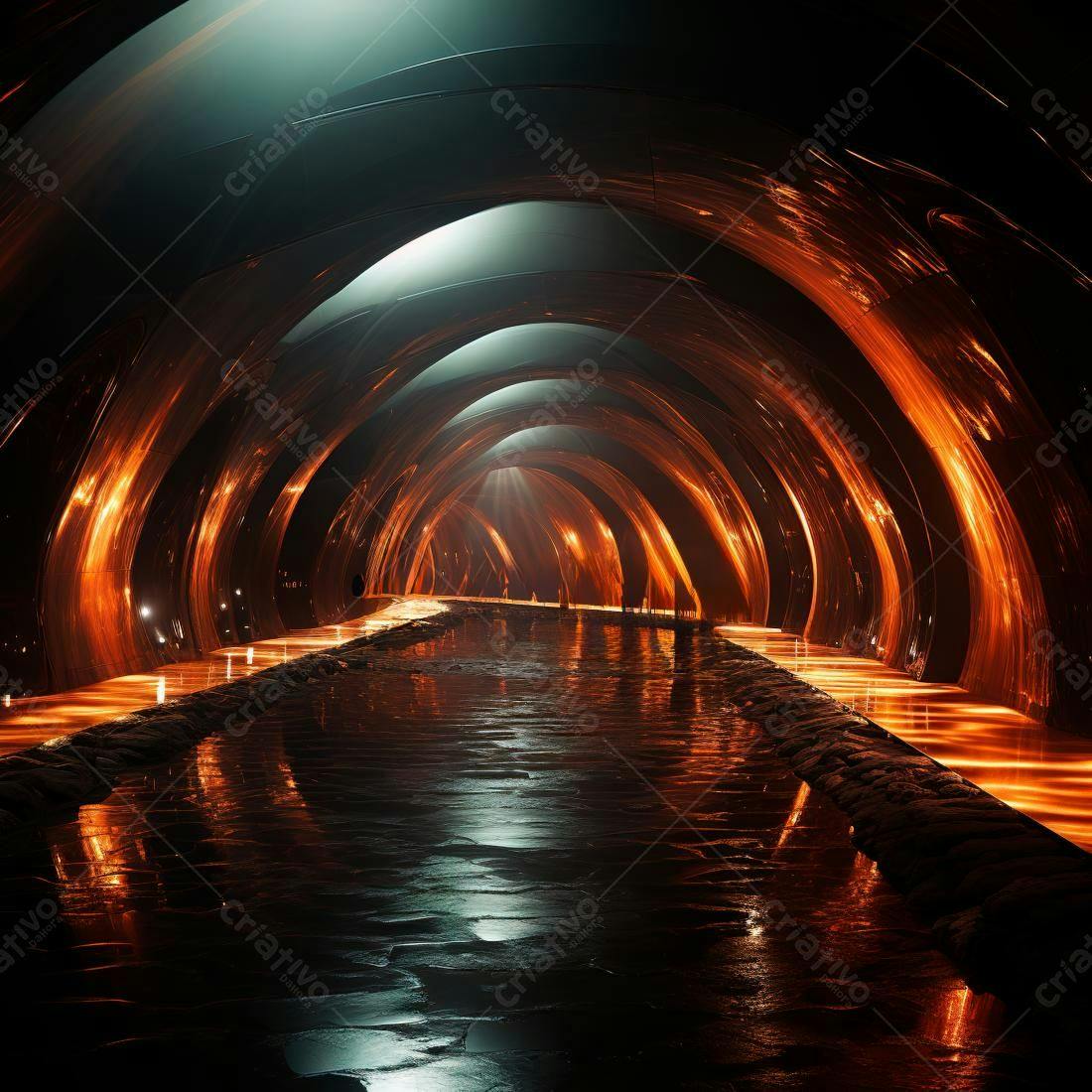 Túnel futurista com iluminação laranja e azul