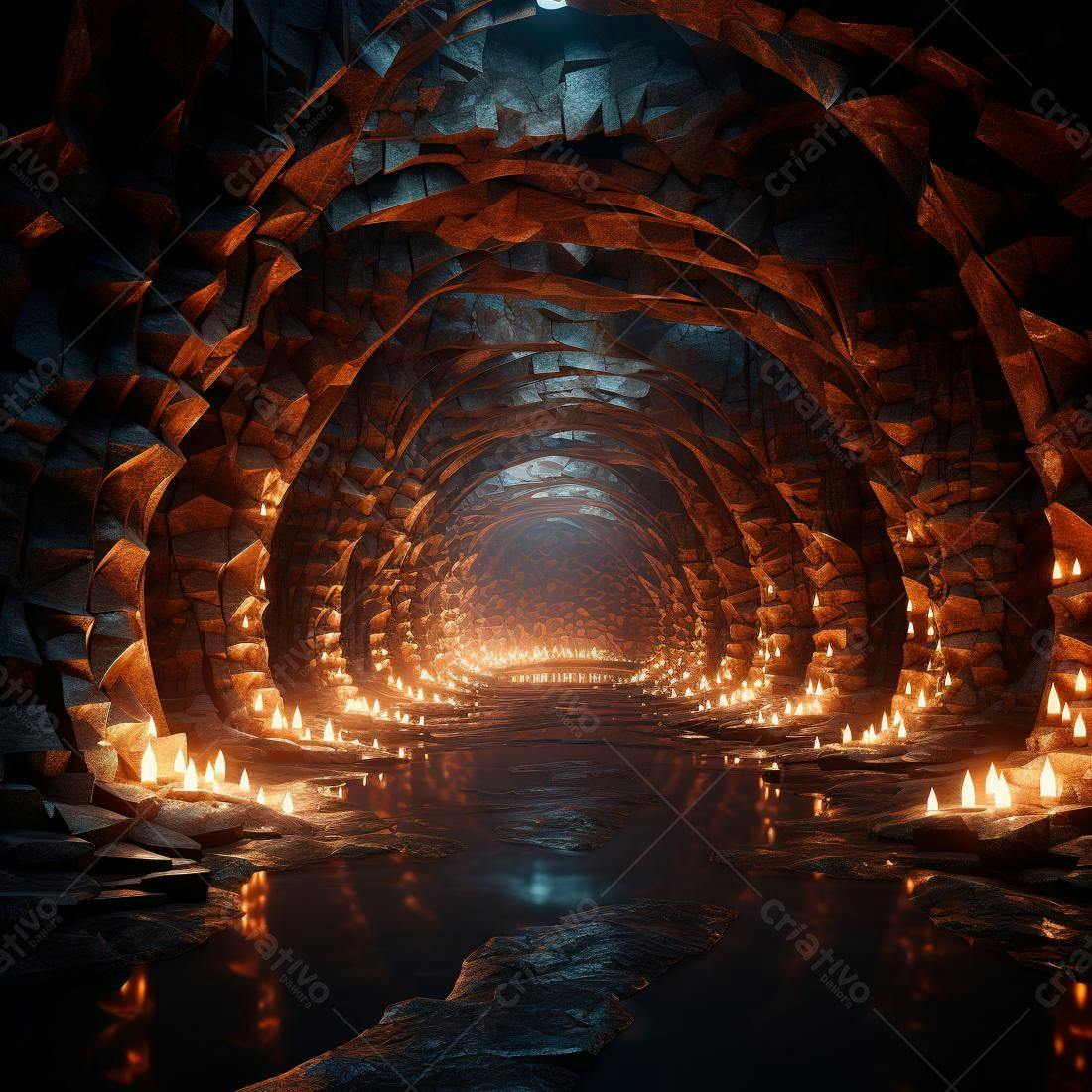 Túnel de pedra com velas e rio