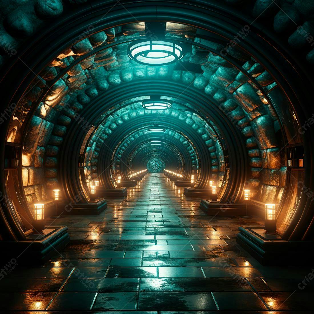 Corredor futurista turquesa e dourado