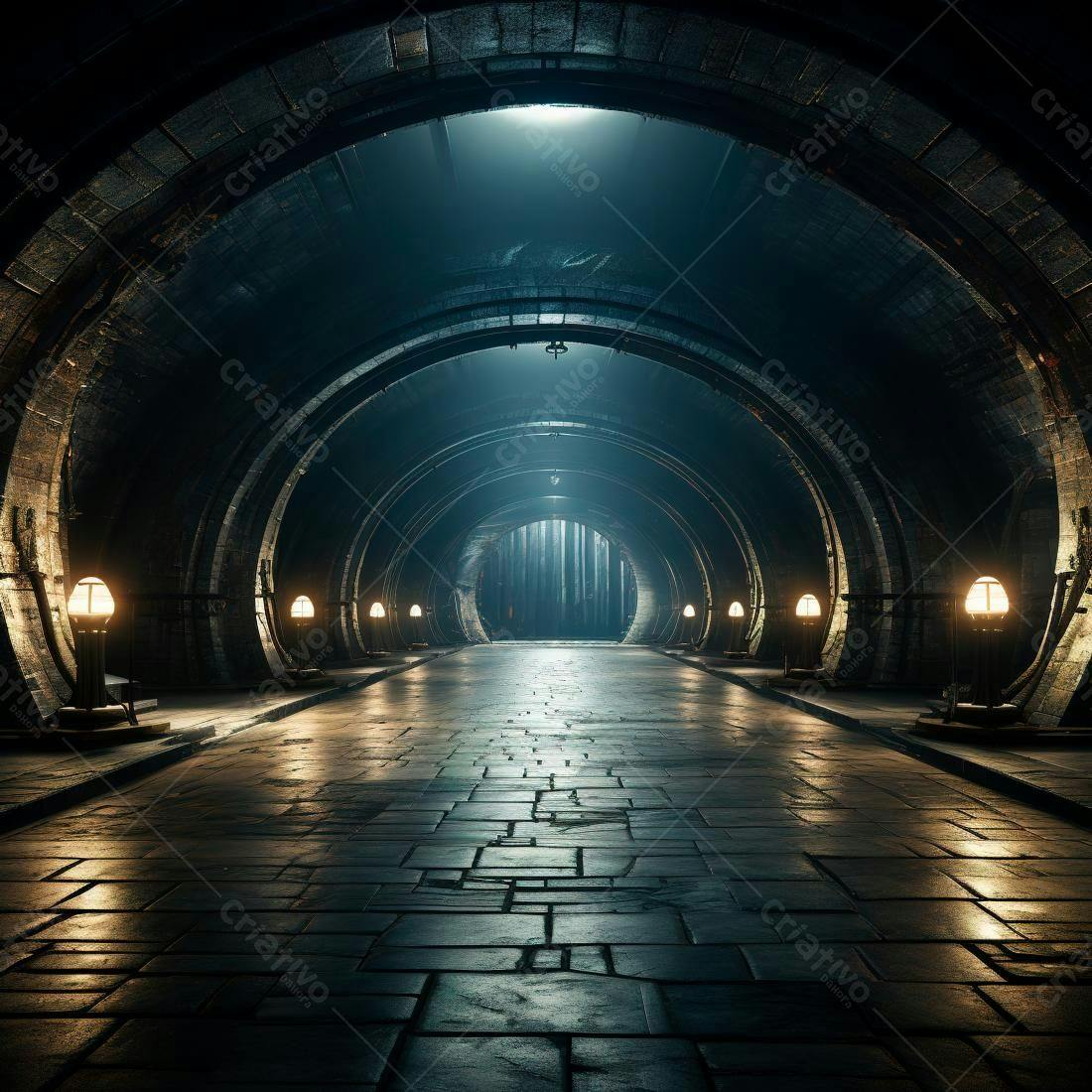 Túnel de pedra escuro com iluminação amarela