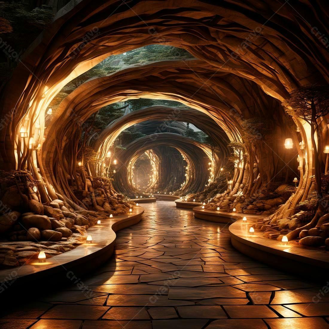 Trilha iluminada em túnel de raízes de árvores