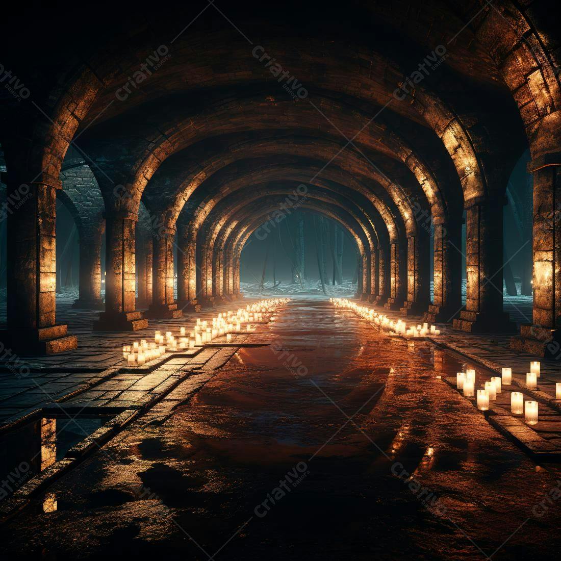 Túnel medieval com velas à noite