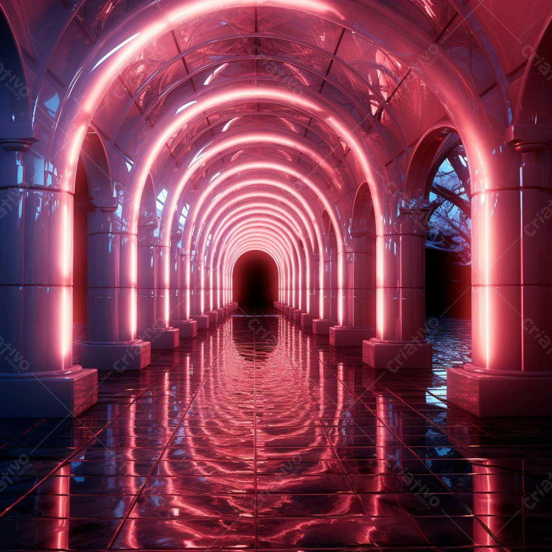 Corredor arqueado com iluminação neon rosa