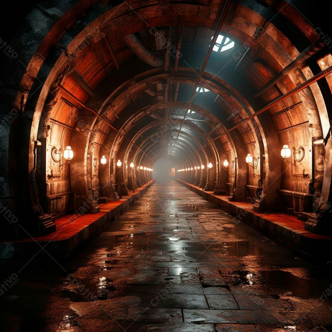 Túnel subterrâneo antigo com iluminação a gás