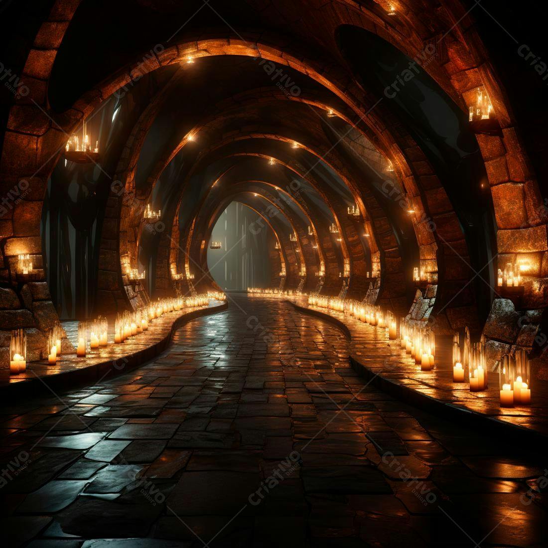 Caminho iluminado por velas em corredor de pedra