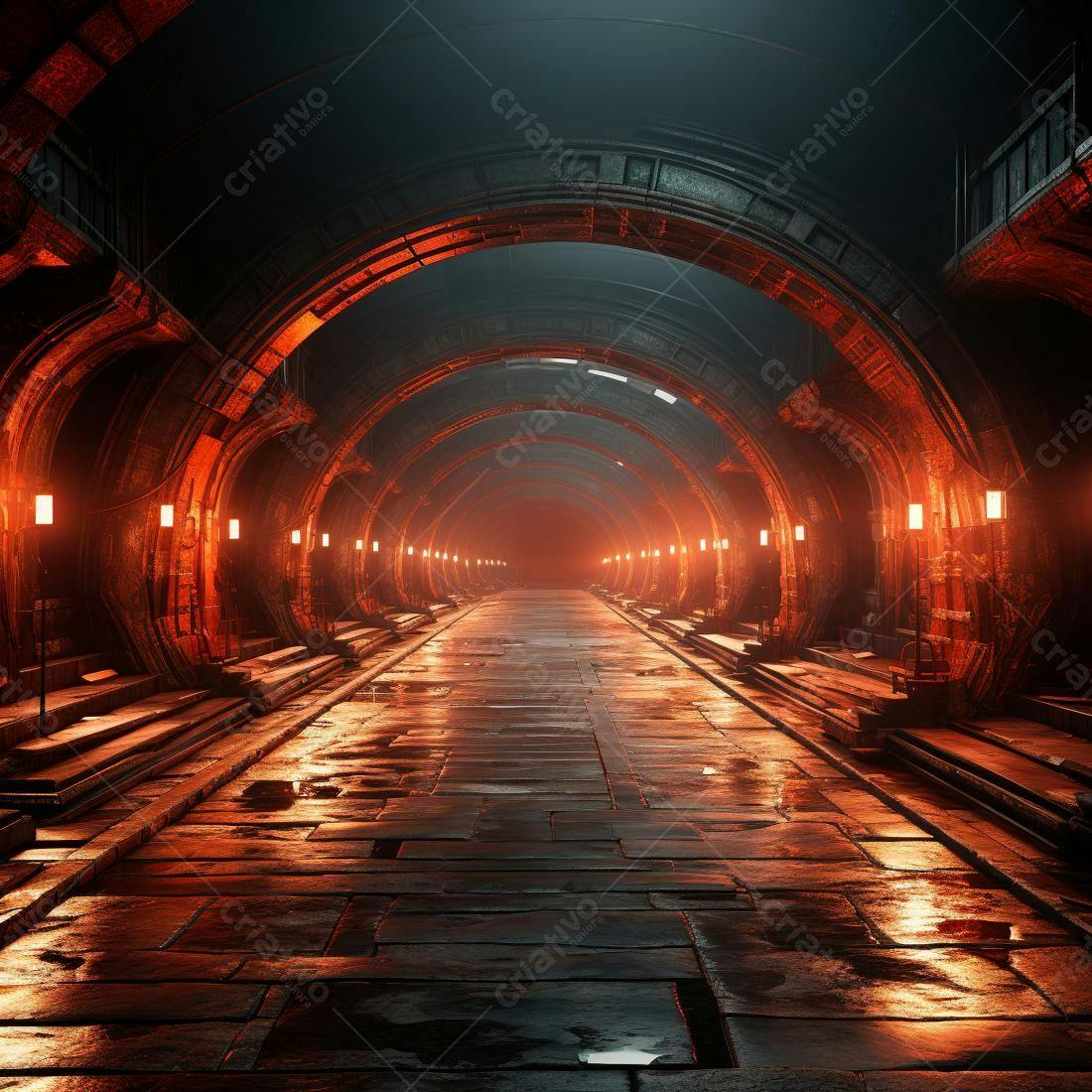 Túnel futurista com iluminação laranja