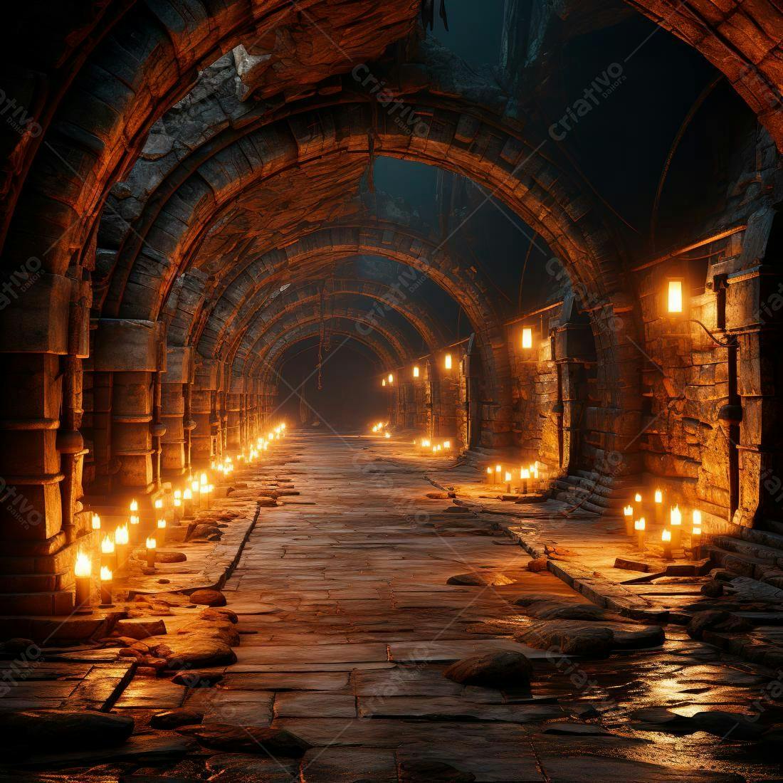 Corredor medieval iluminado por velas