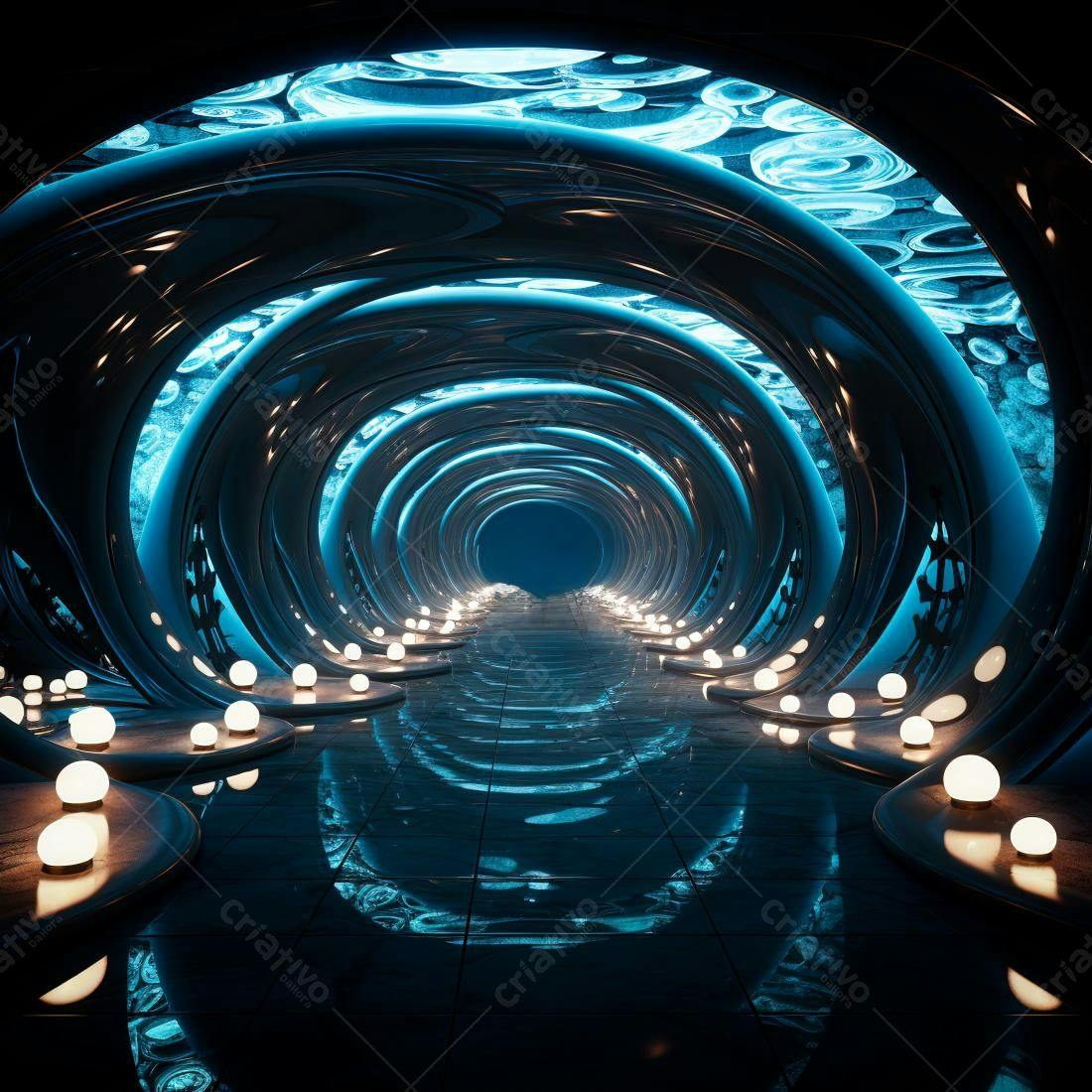 Túnel futurista azul e preto com iluminação suave