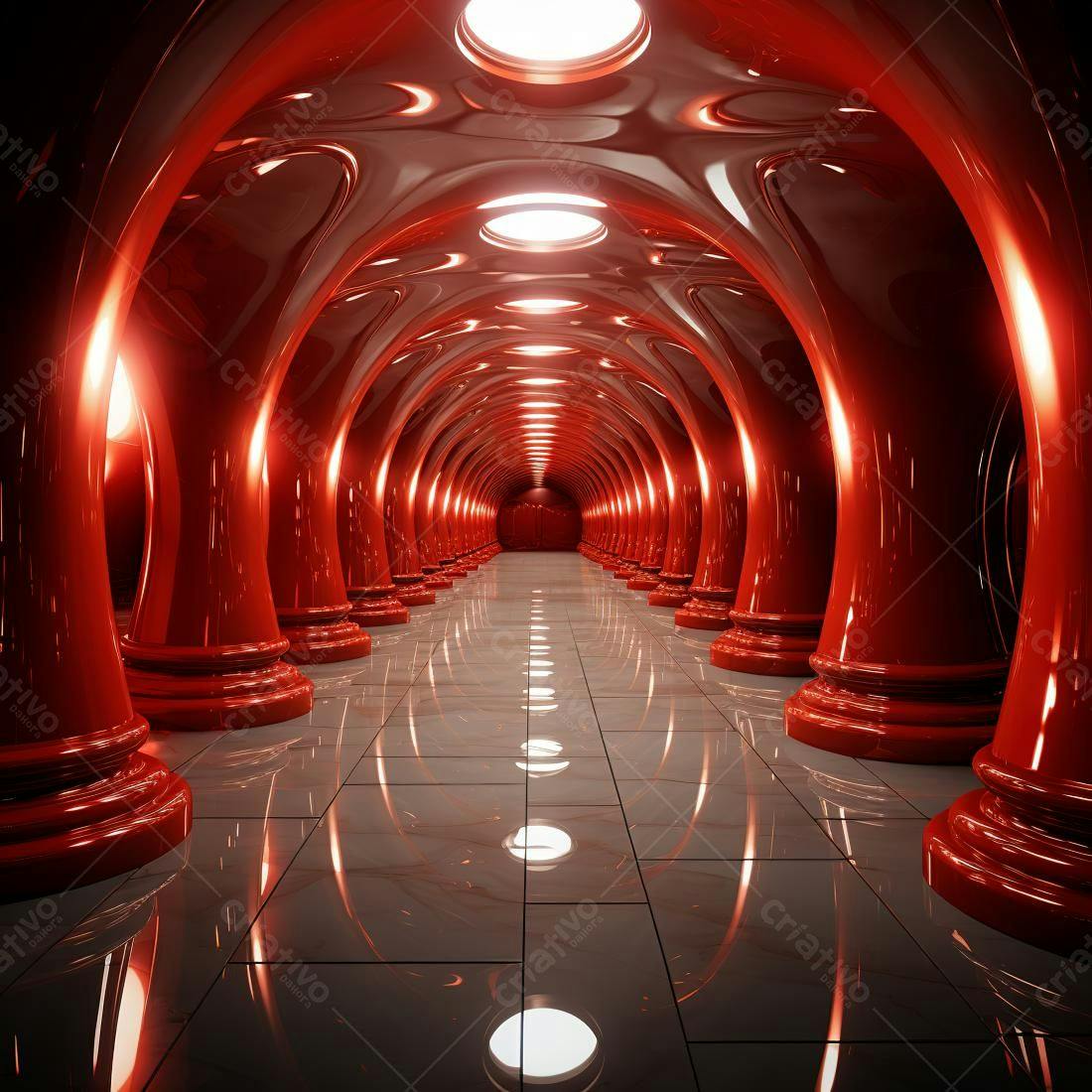 Corredor vermelho futurista com colunas brilhantes