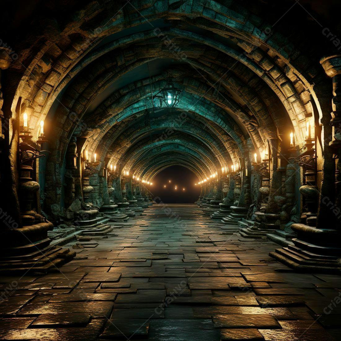 Corredor gótico medieval com velas
