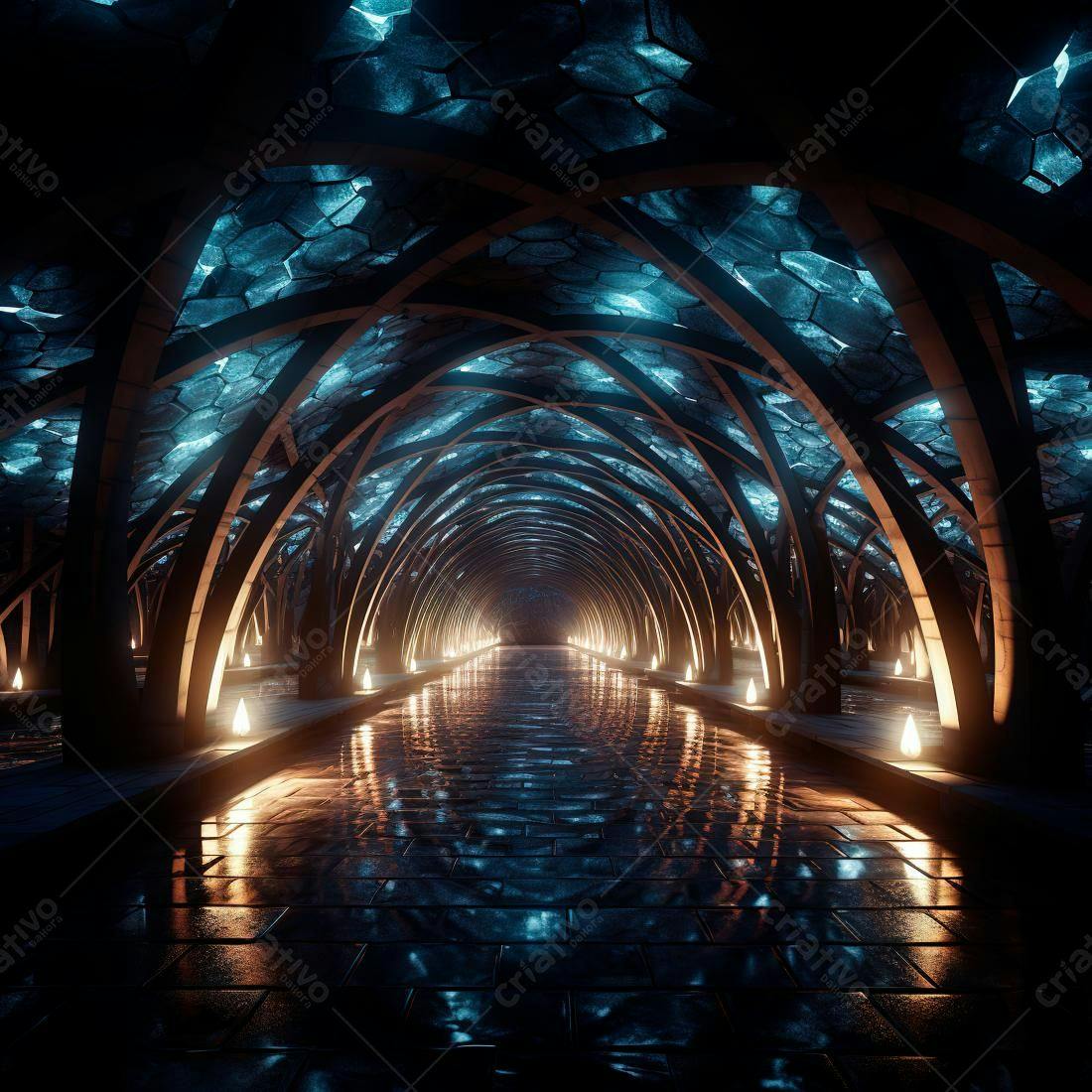Túnel futurista azul e dourado