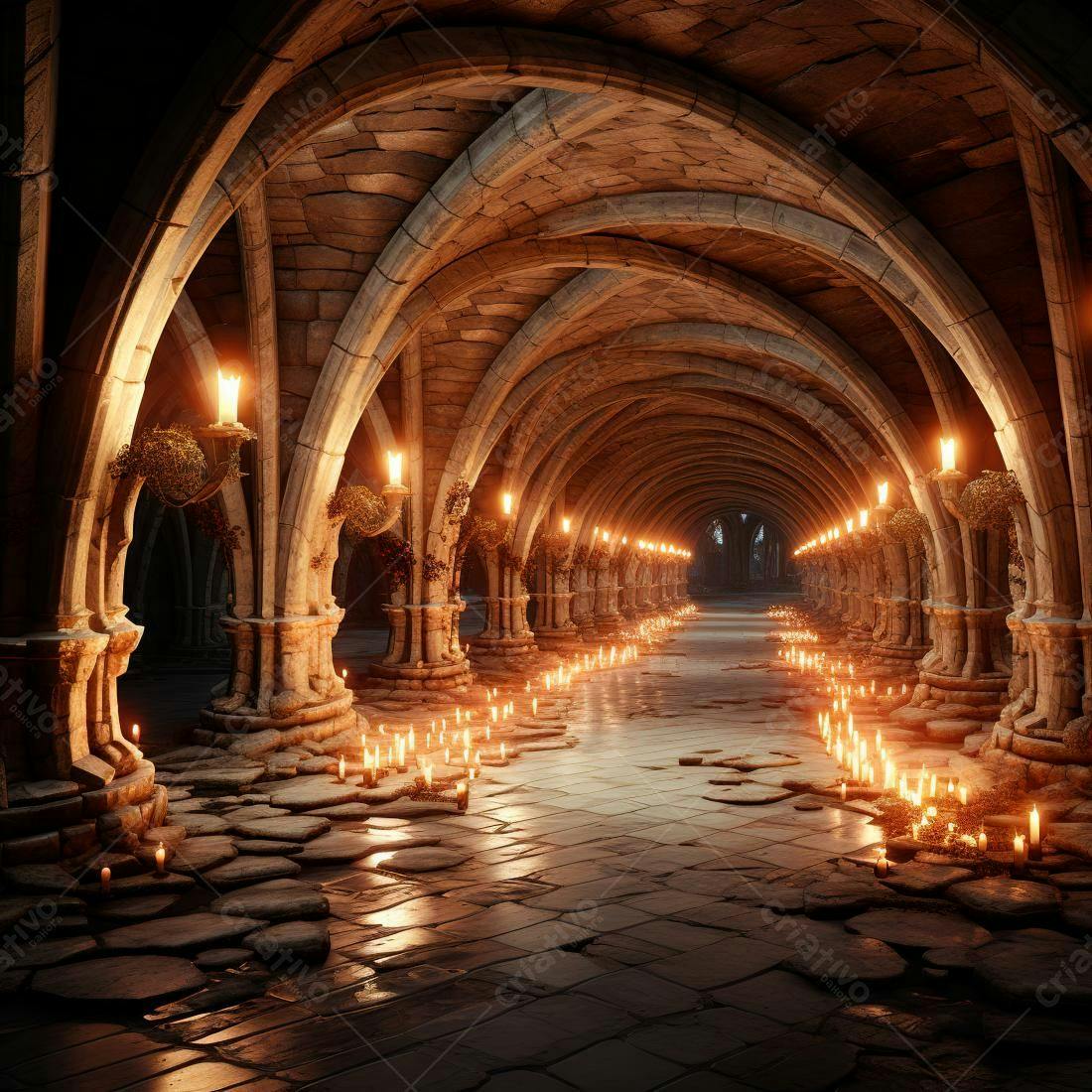Corredor medieval iluminado por velas