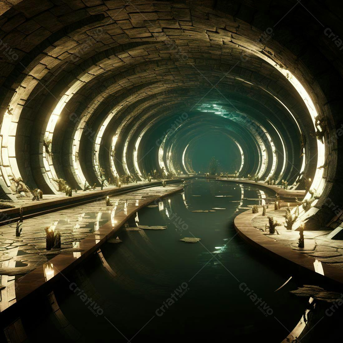 Túnel subterrâneo com canal de água e iluminação suave