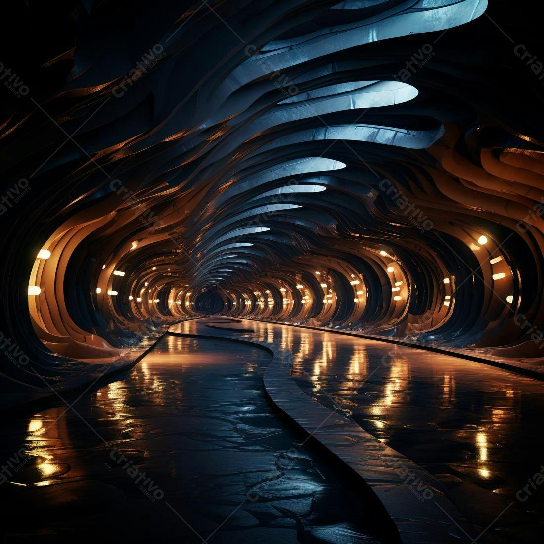 Túnel futurista com iluminação dourada e azul