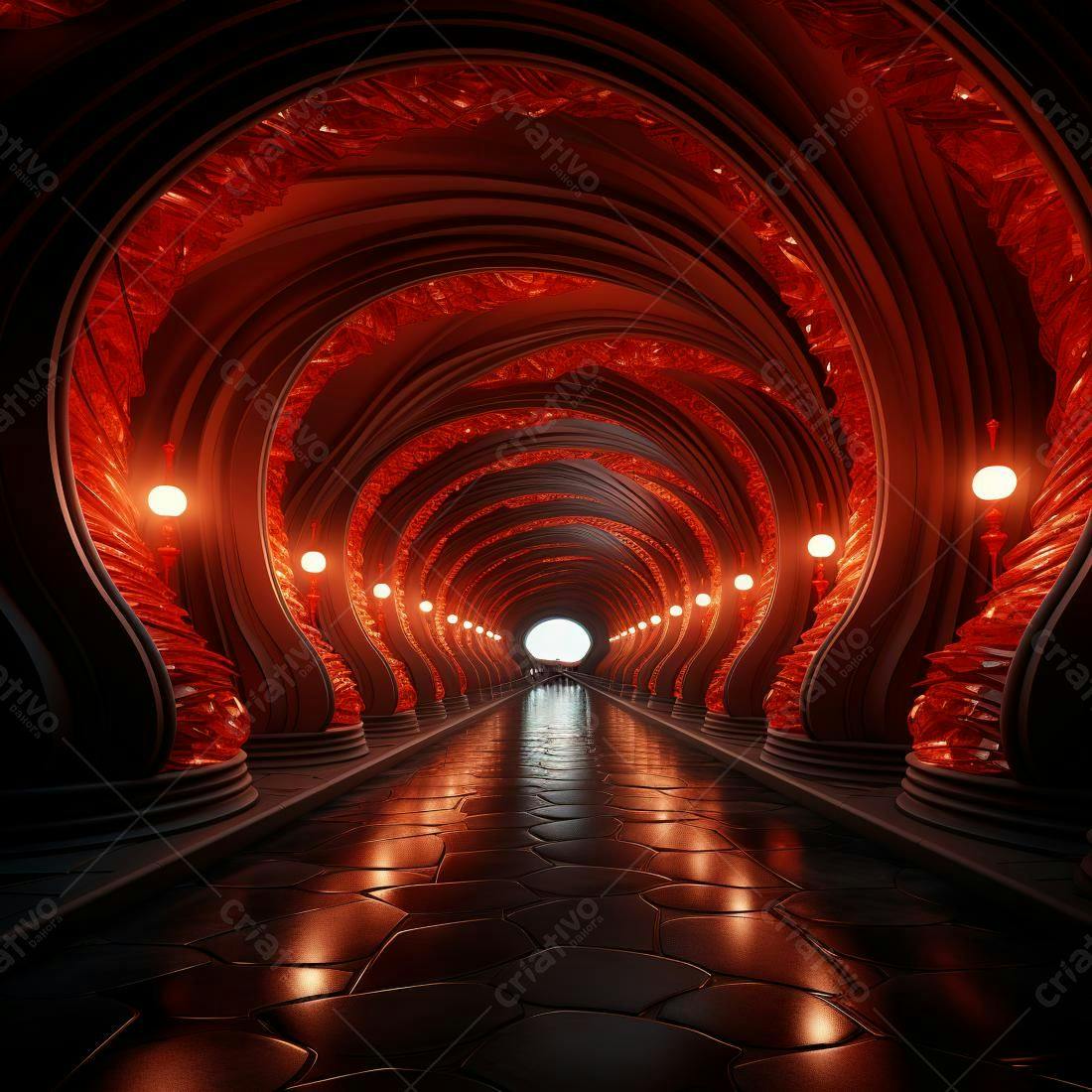 Túnel futurista vermelho e escuro com iluminação