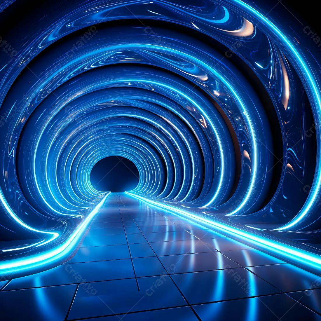 Túnel futurista azul com iluminação neon