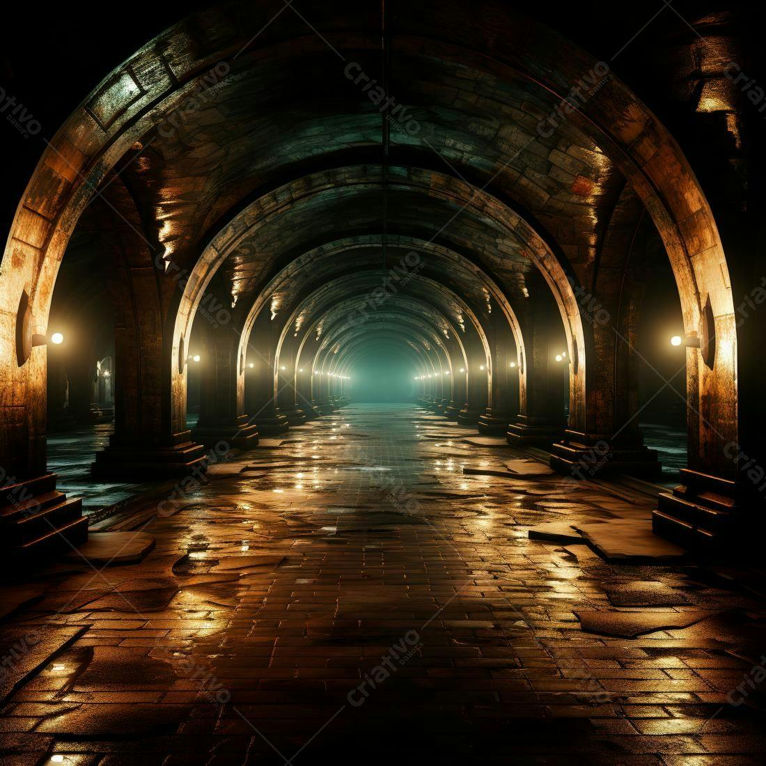 Galeria subterrânea úmida com arcos de pedra