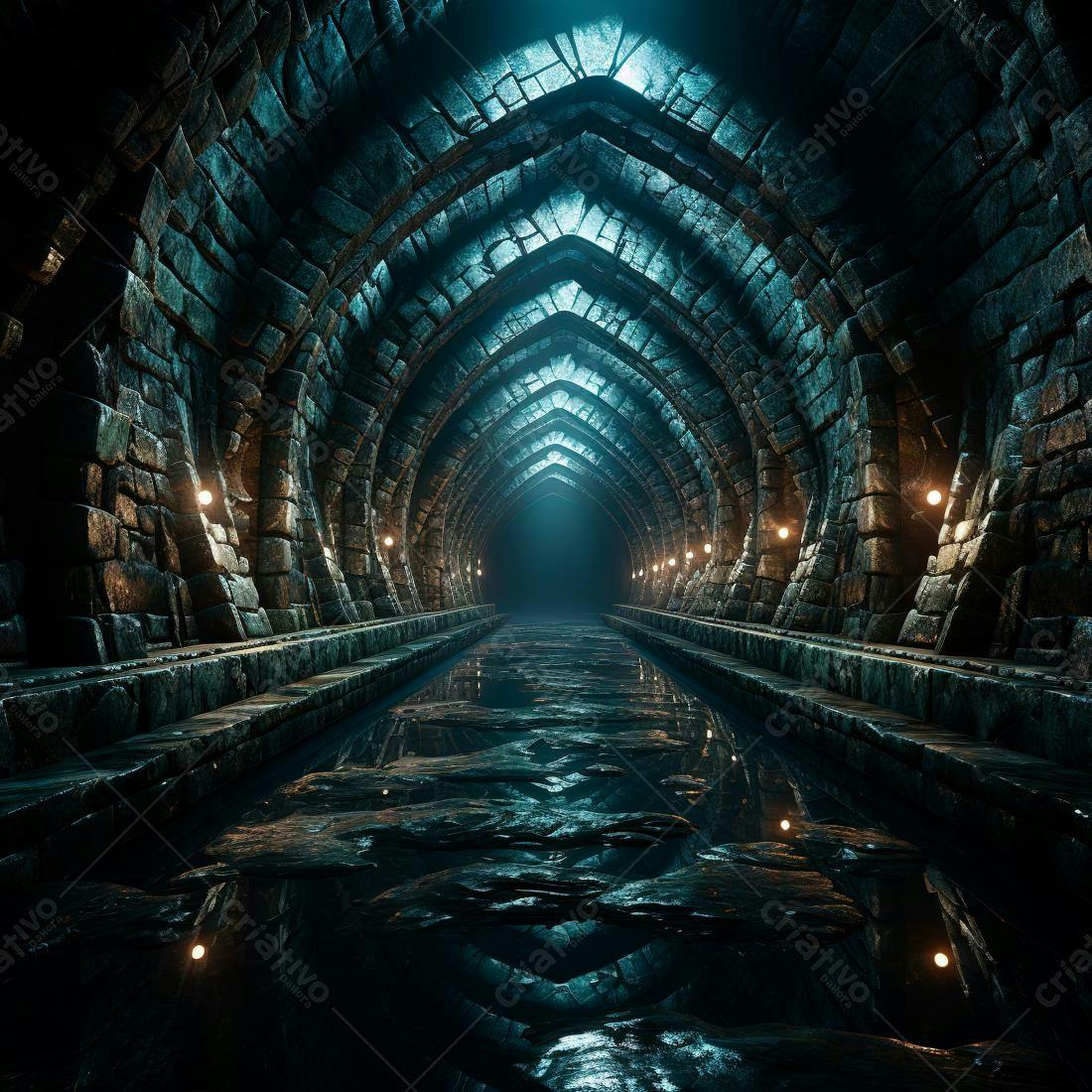 Túnel de pedra medieval com água escura
