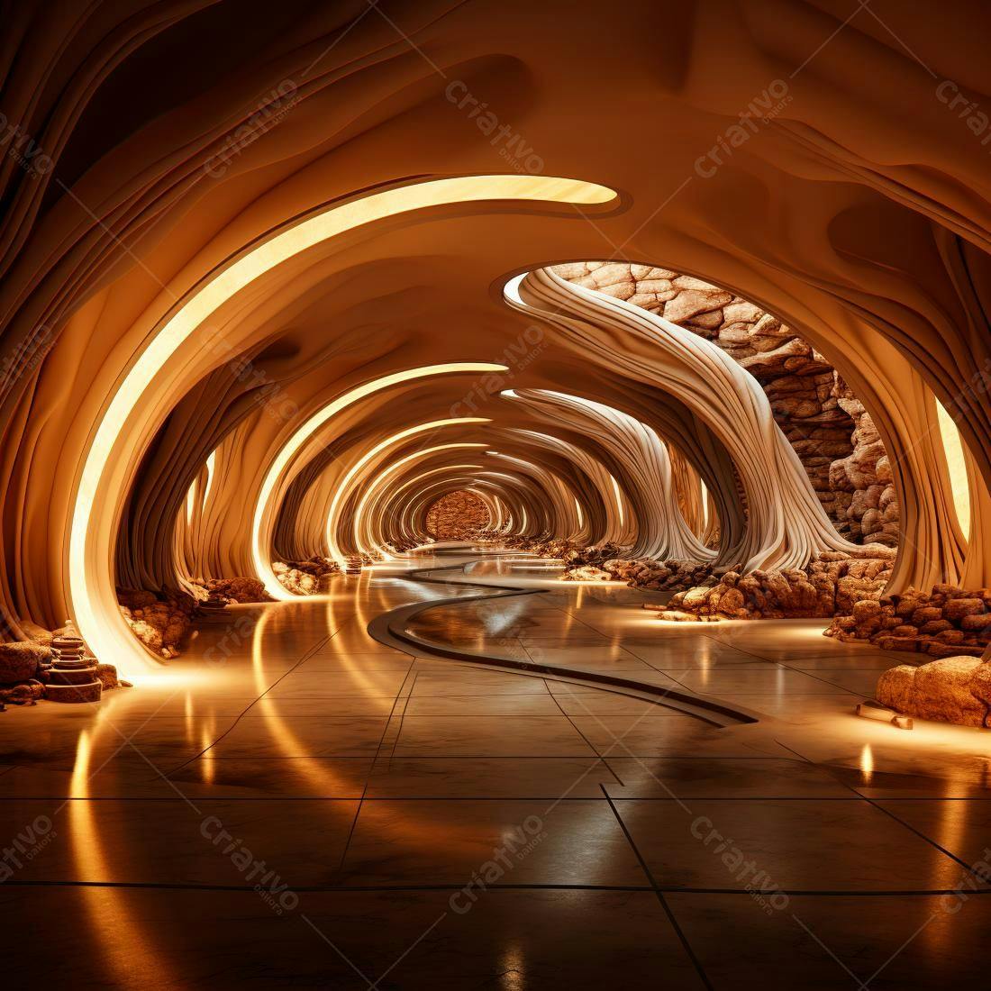 Túnel futurista dourado com iluminação arquitetural
