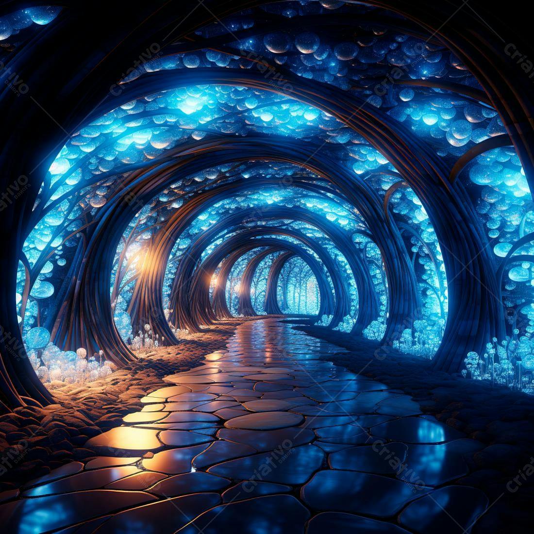 Trilha Encantada Azul sob árvores luminescentes