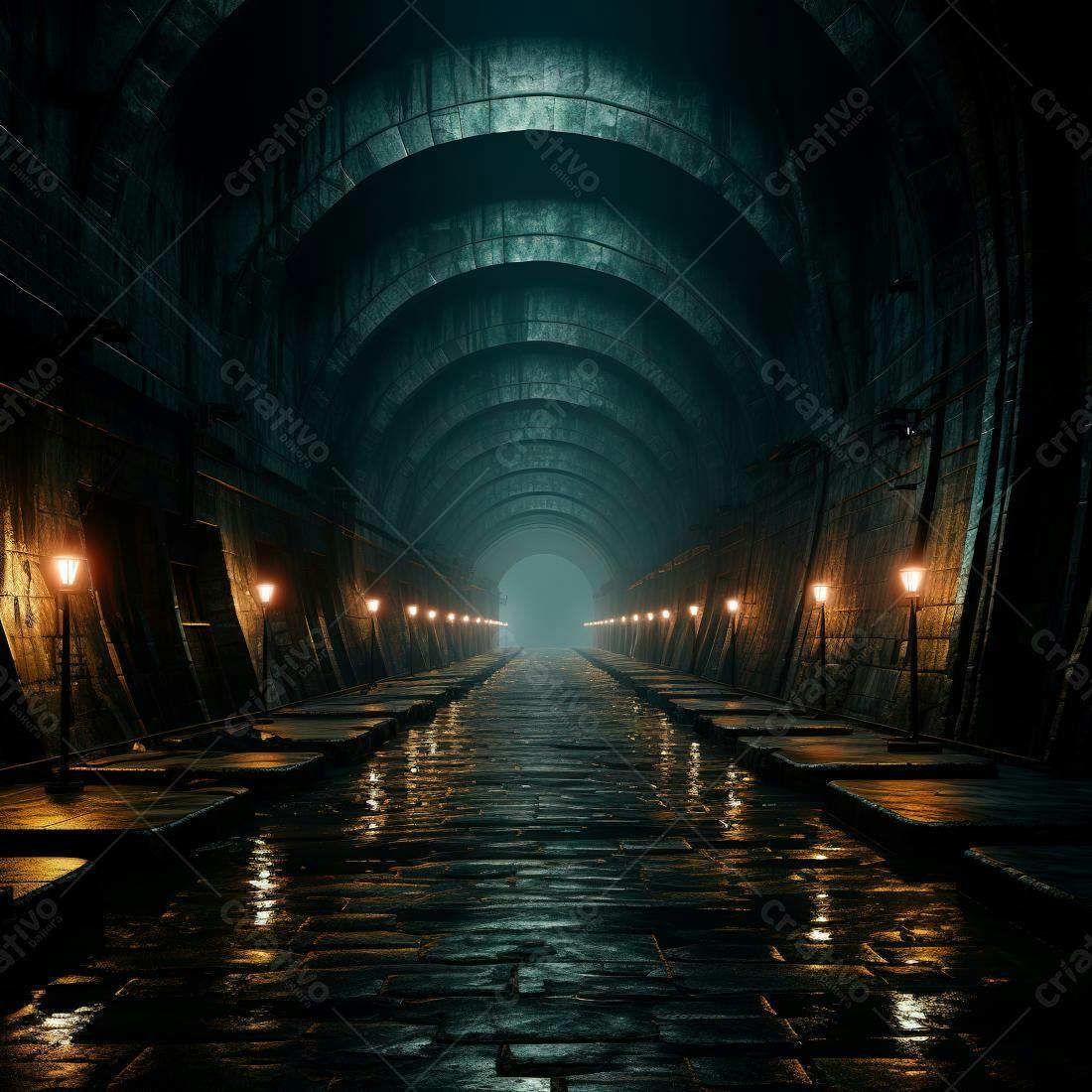 Túnel antigo com iluminação a gás noturna