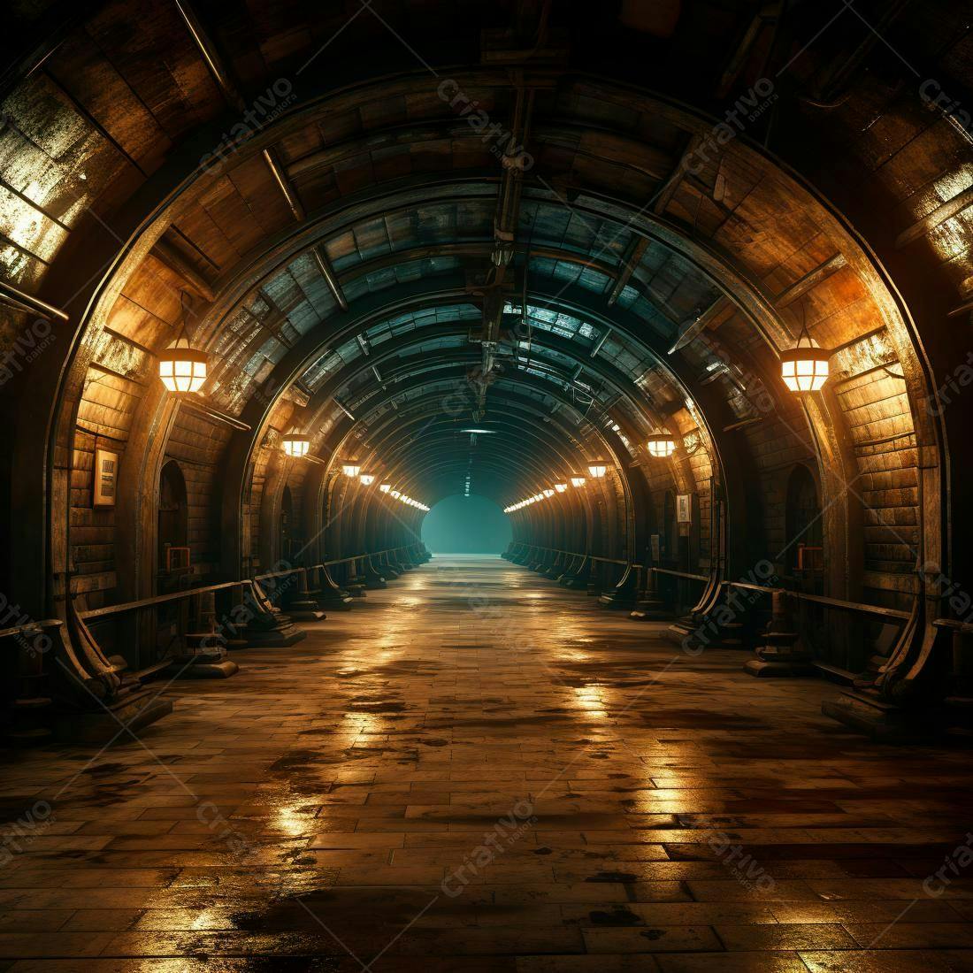 Túnel subterrâneo iluminado com luzes amarelas