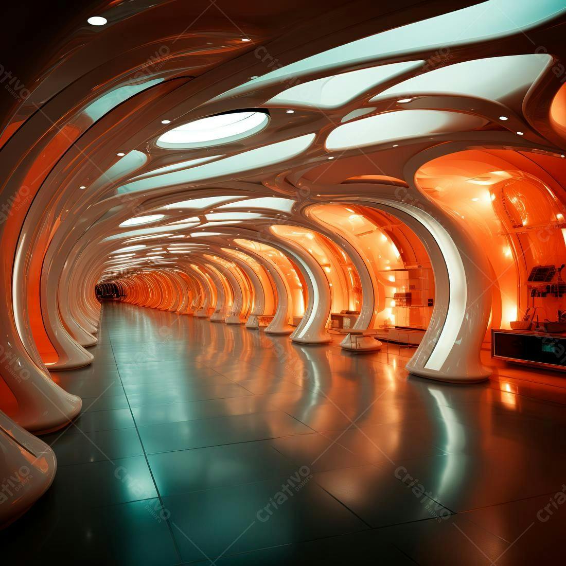 Corredor futurista laranja e branco arquitetura moderna