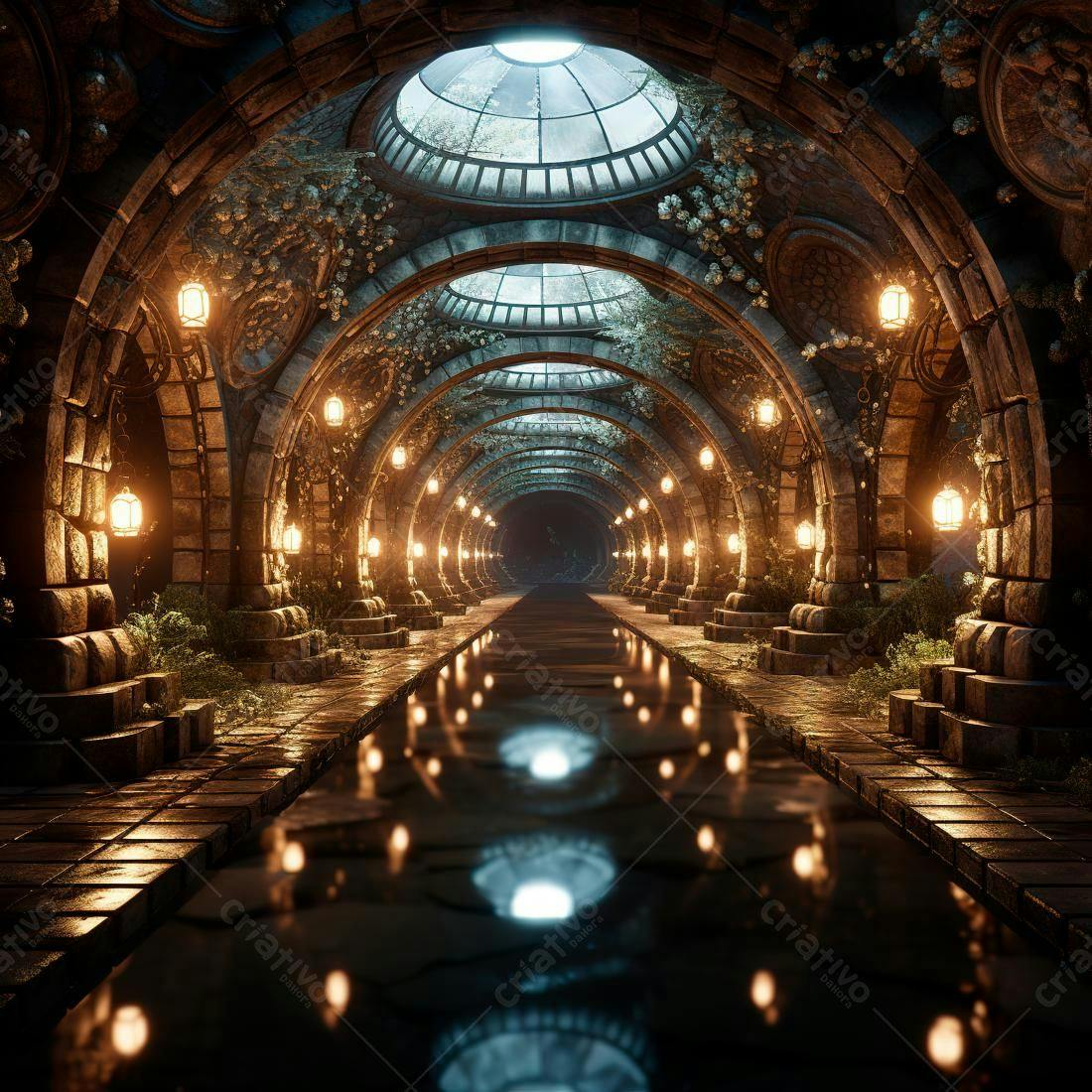 Túnel medieval com canal iluminado