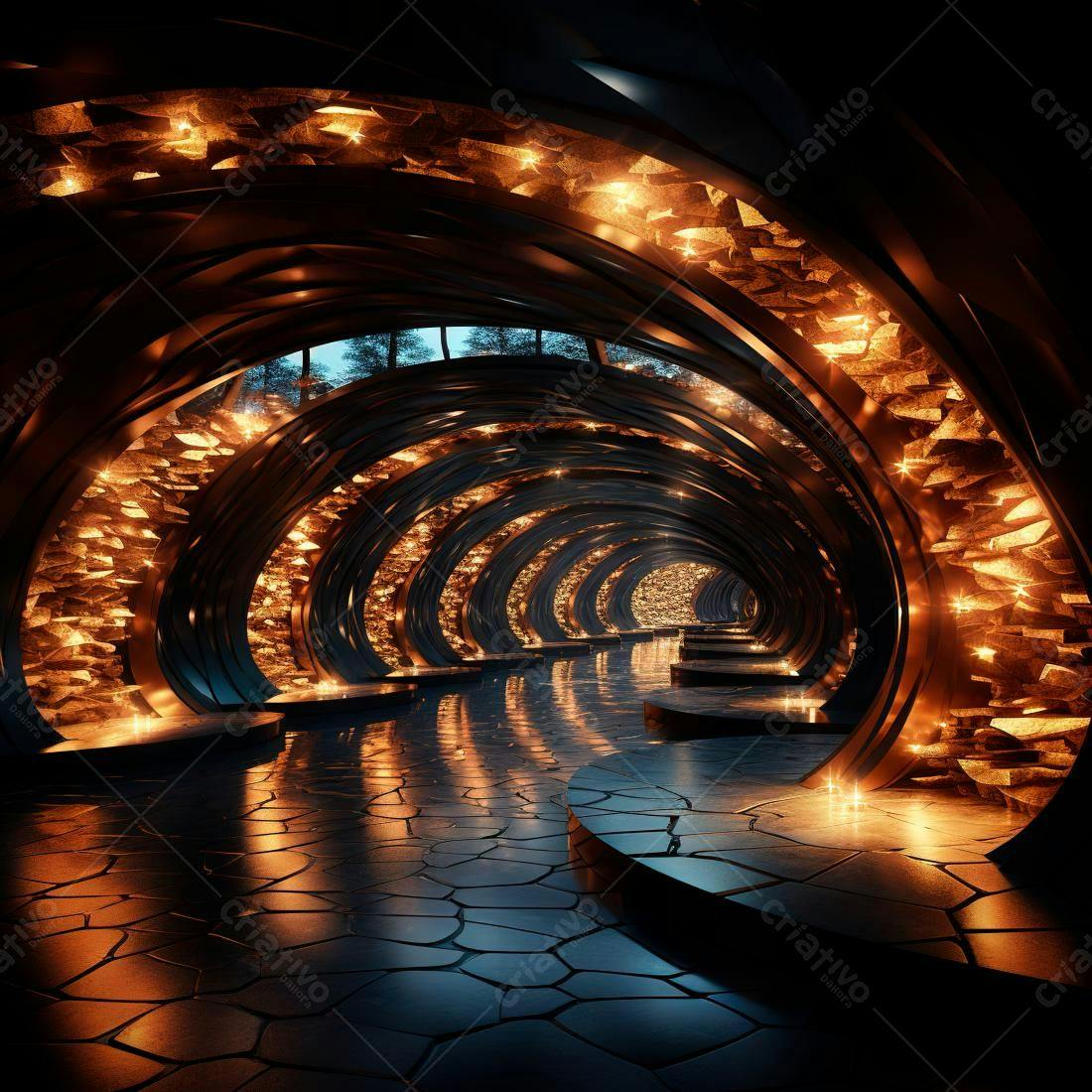 Túnel futurista com iluminação dourada e rochas
