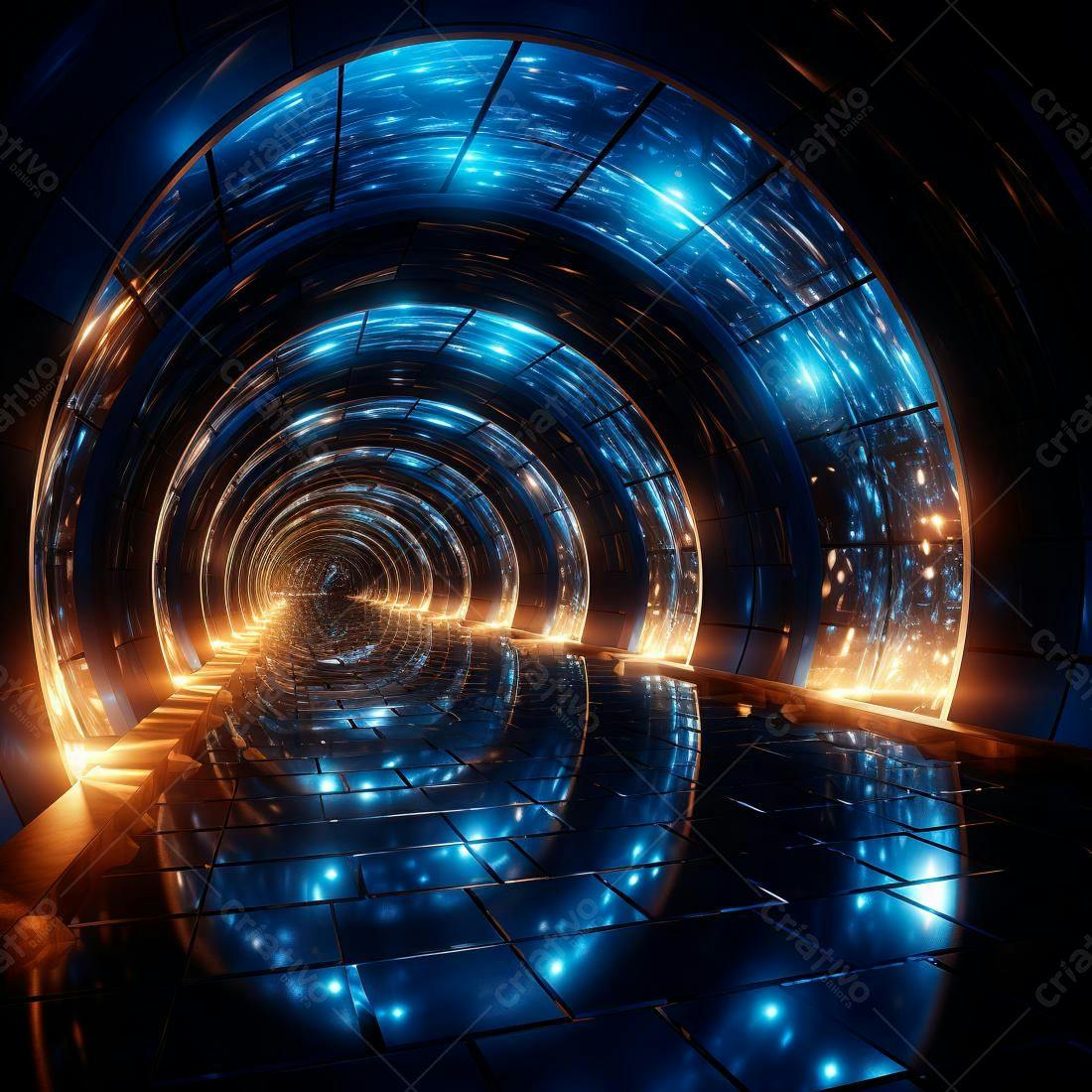 Túnel futurista com luzes azuis e douradas