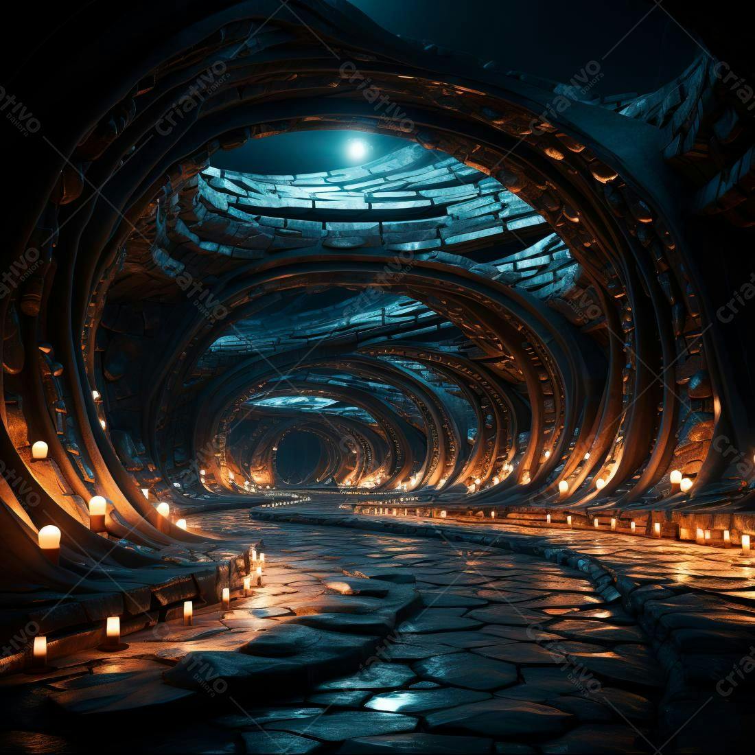 Túnel espiral iluminado por velas