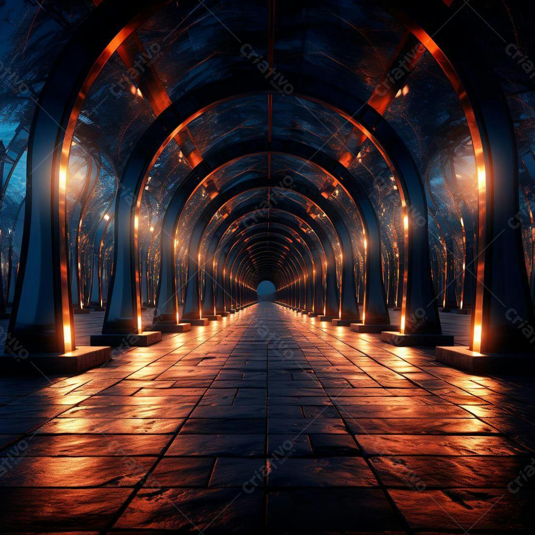 Túnel arqueado noturno com iluminação laranja