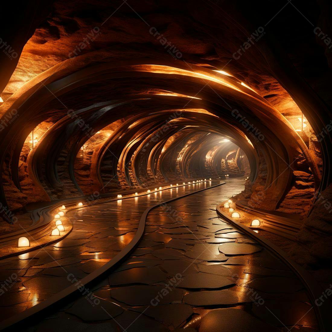 Túnel subterrâneo iluminado com luzes quentes