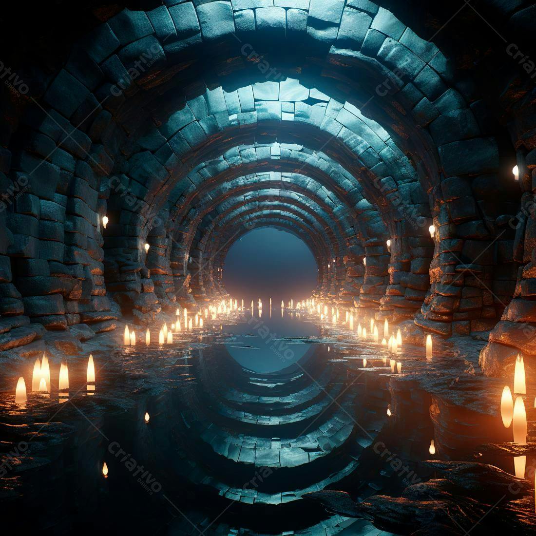 Túnel de pedra com velas acesas