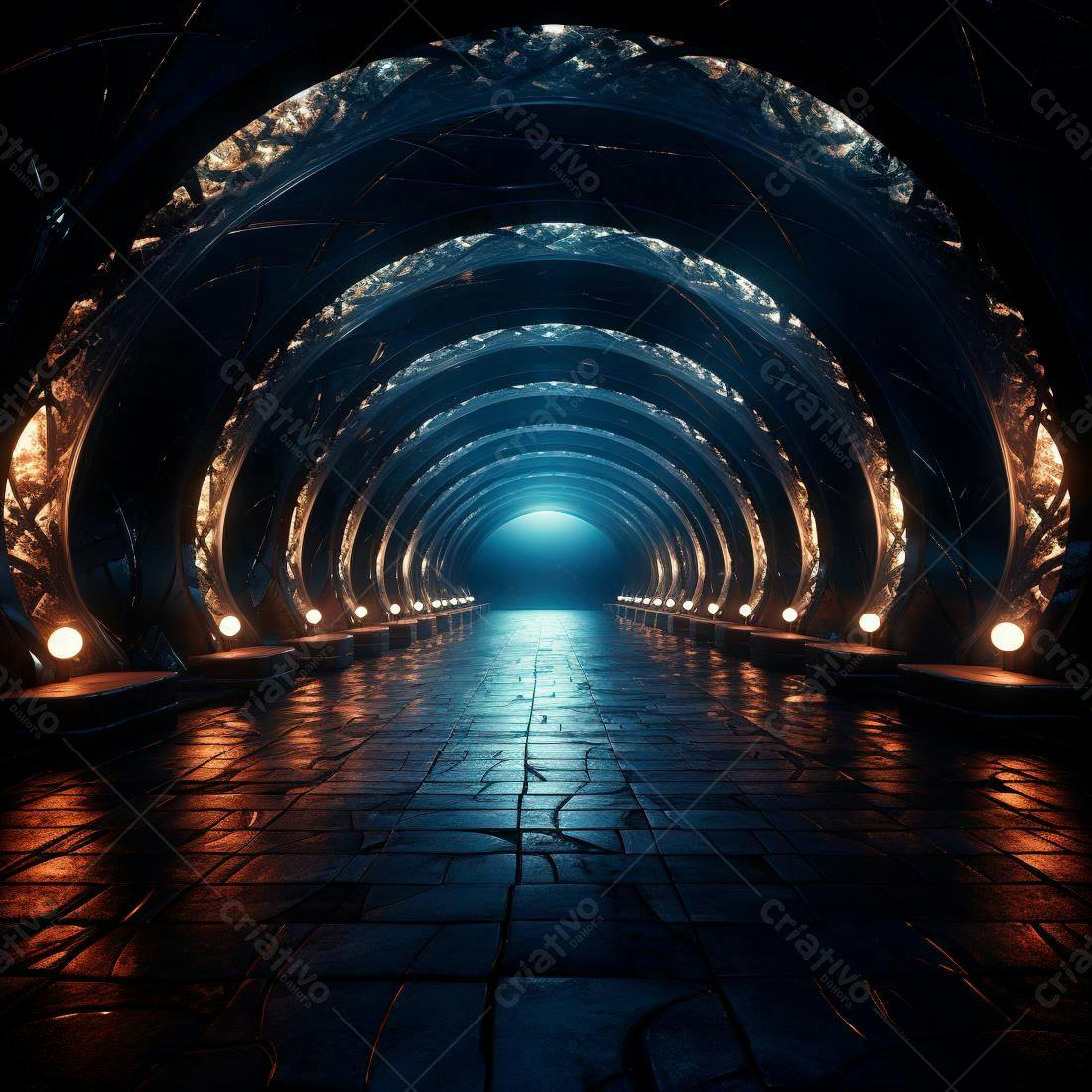 Túnel futurista com iluminação azul e laranja