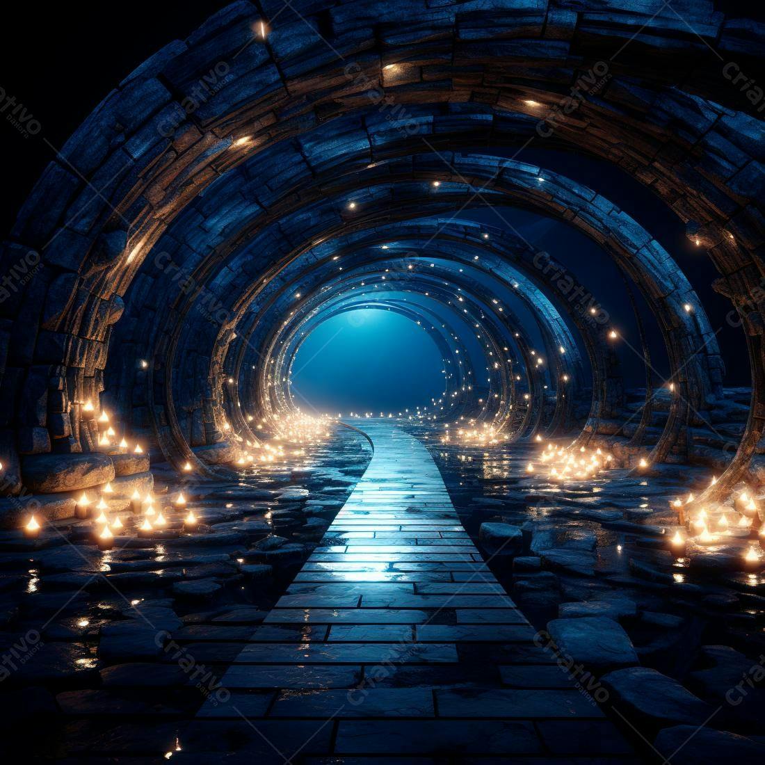 Caminho iluminado em túnel de pedra azul