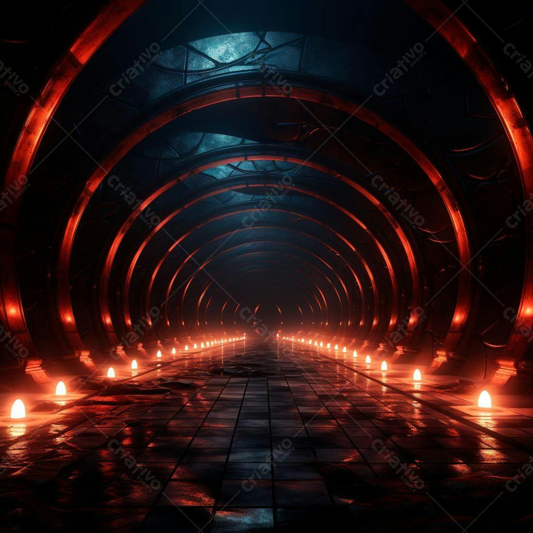 Corredor futurista vermelho e azul escuro