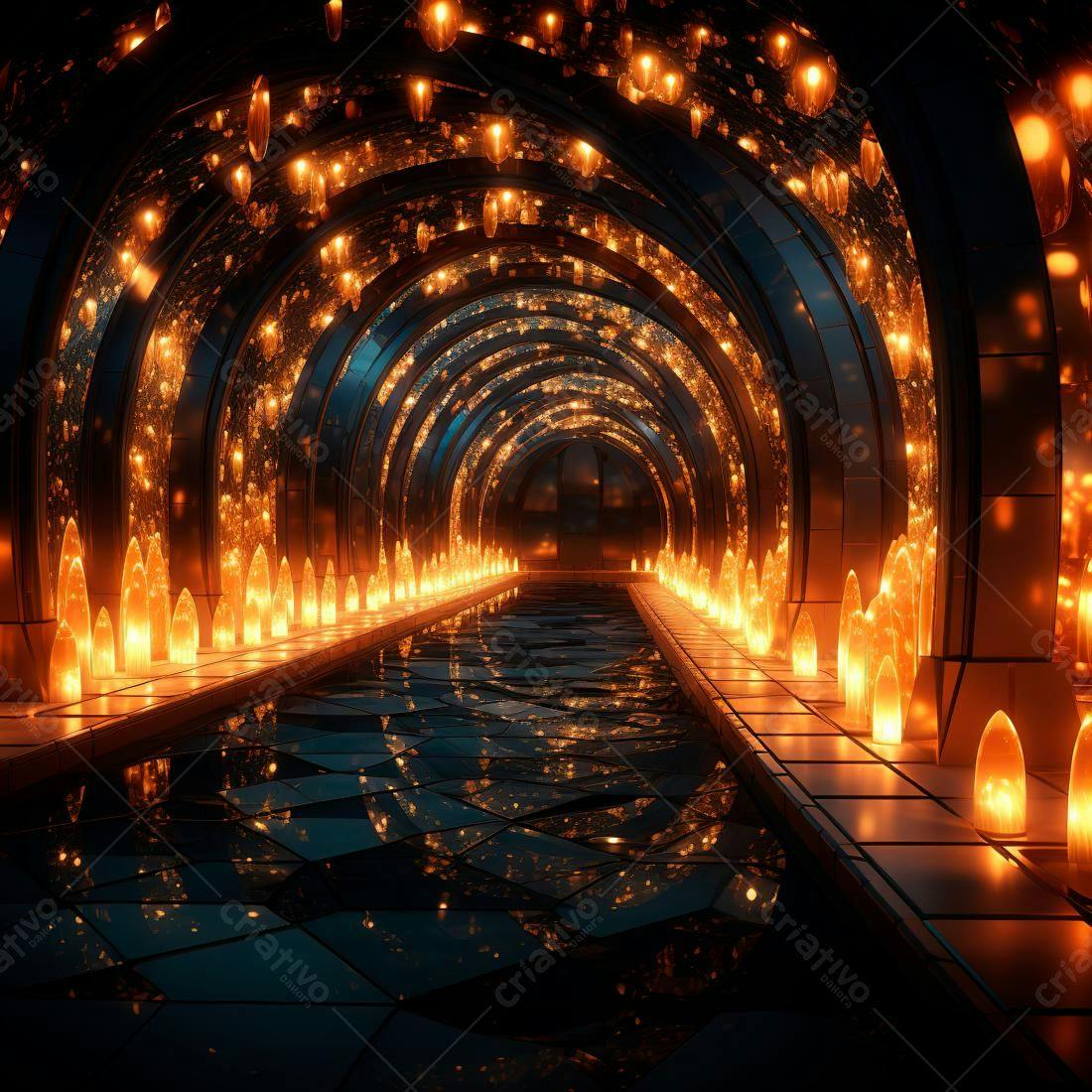 Túnel iluminado com cristais laranjas