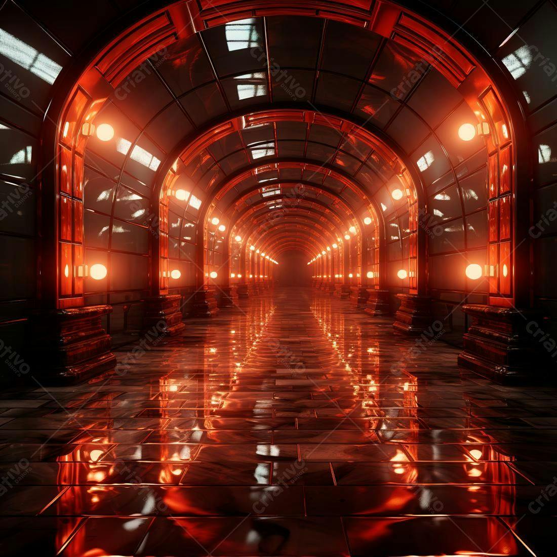 Corredor arqueado com iluminação laranja