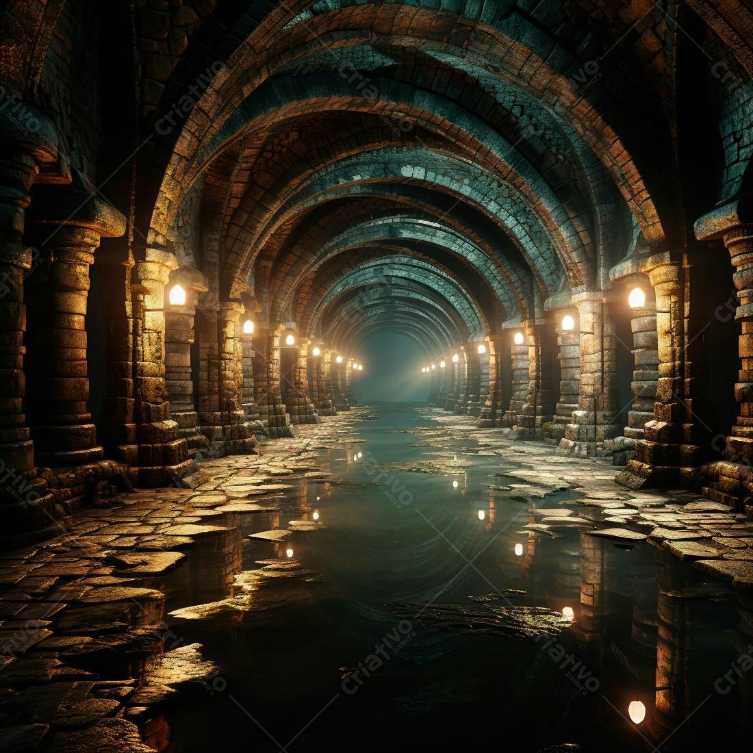 Túnel medieval inundado com iluminação a gás
